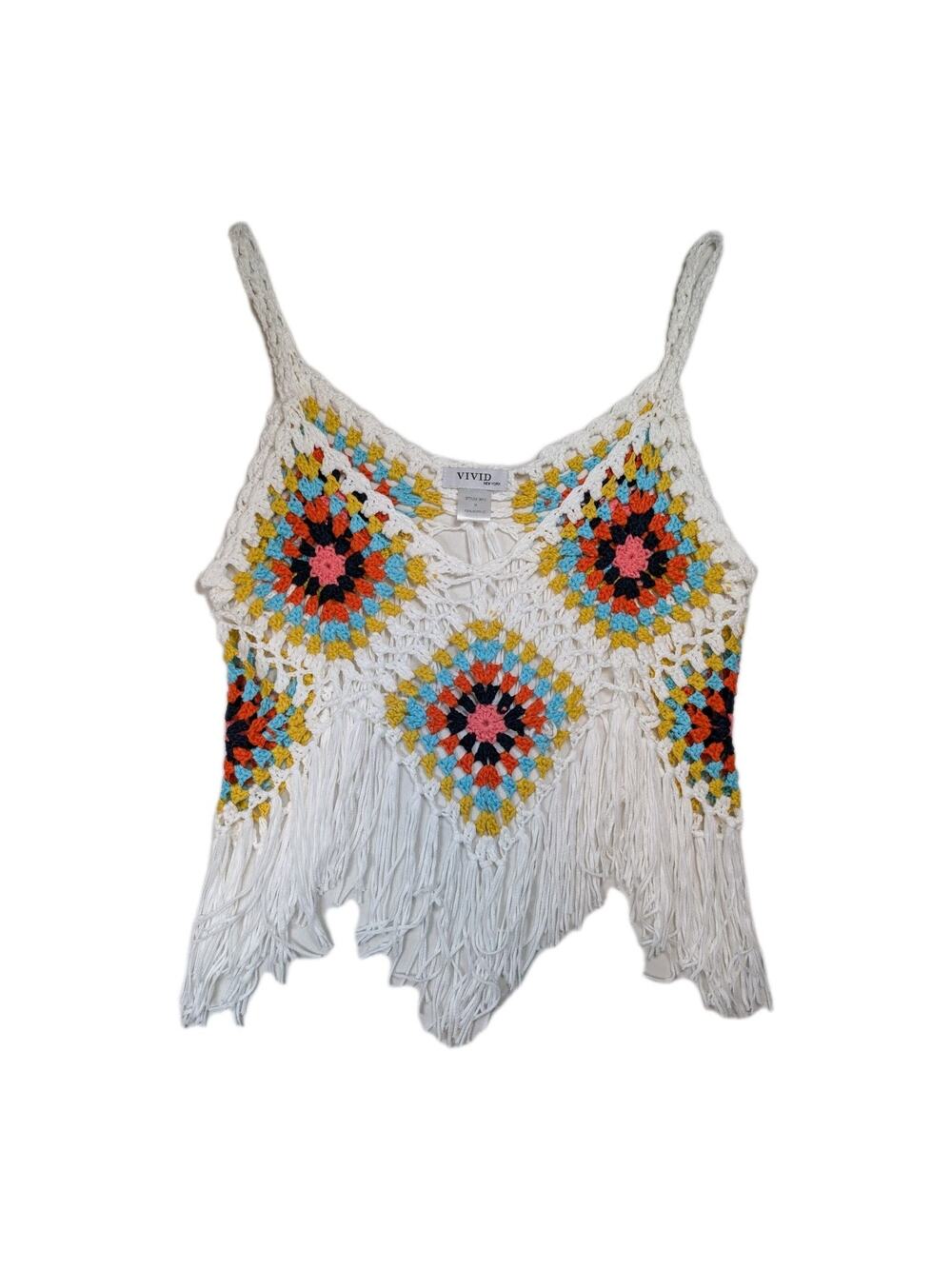 Vivid NY Crochet Fringe Crop Top Boho Festival Hippie Granny Square Medium